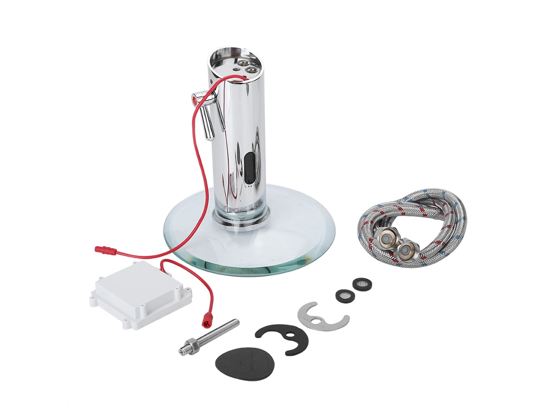 Torneira de banheiro moderna em latão com sensor automático, disco de vidro redondo e efeito cascata.