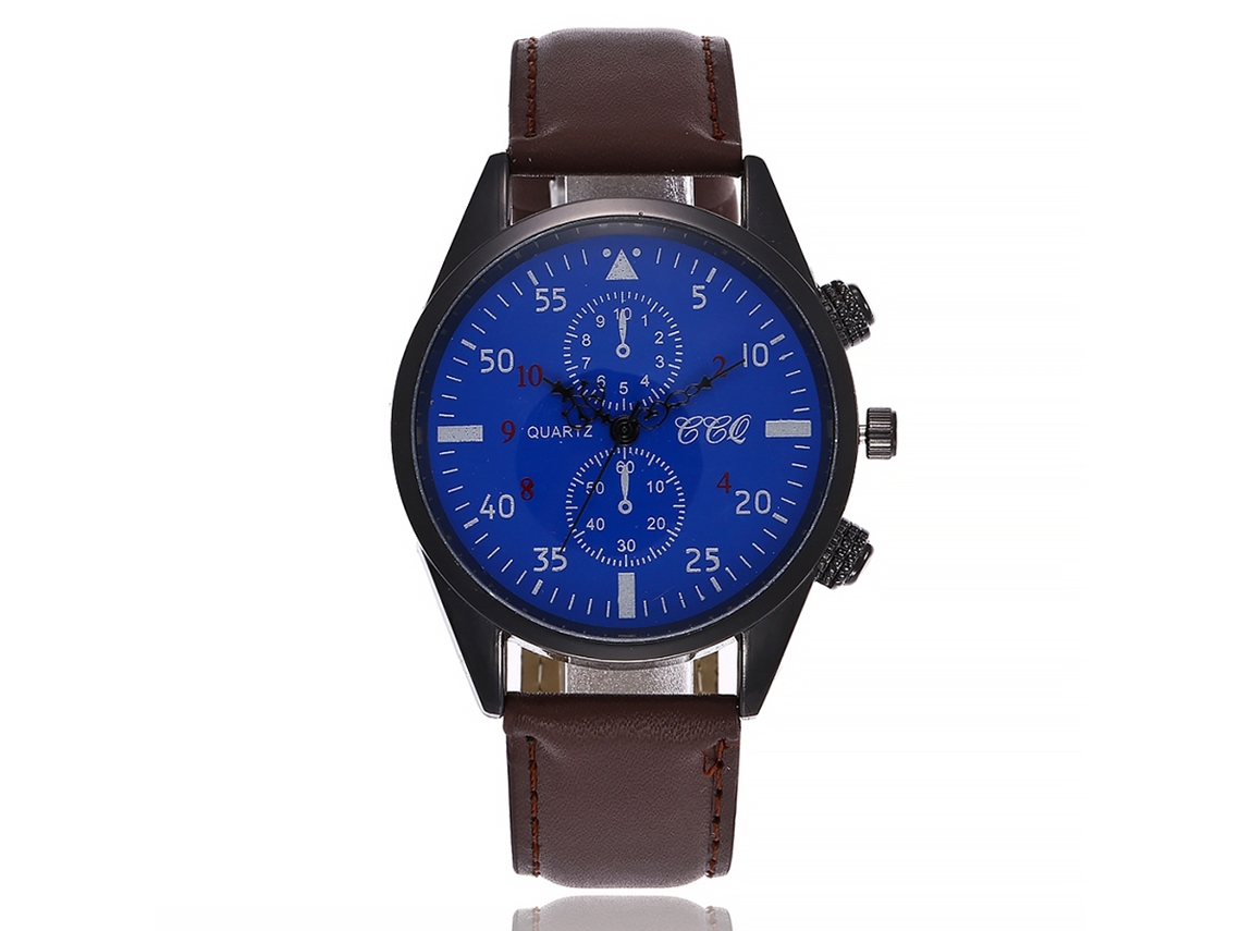Relógio Masculino Casual Simples Pulseira Pu Mostrador Redondo Analógico Quartzo Marrom Azul