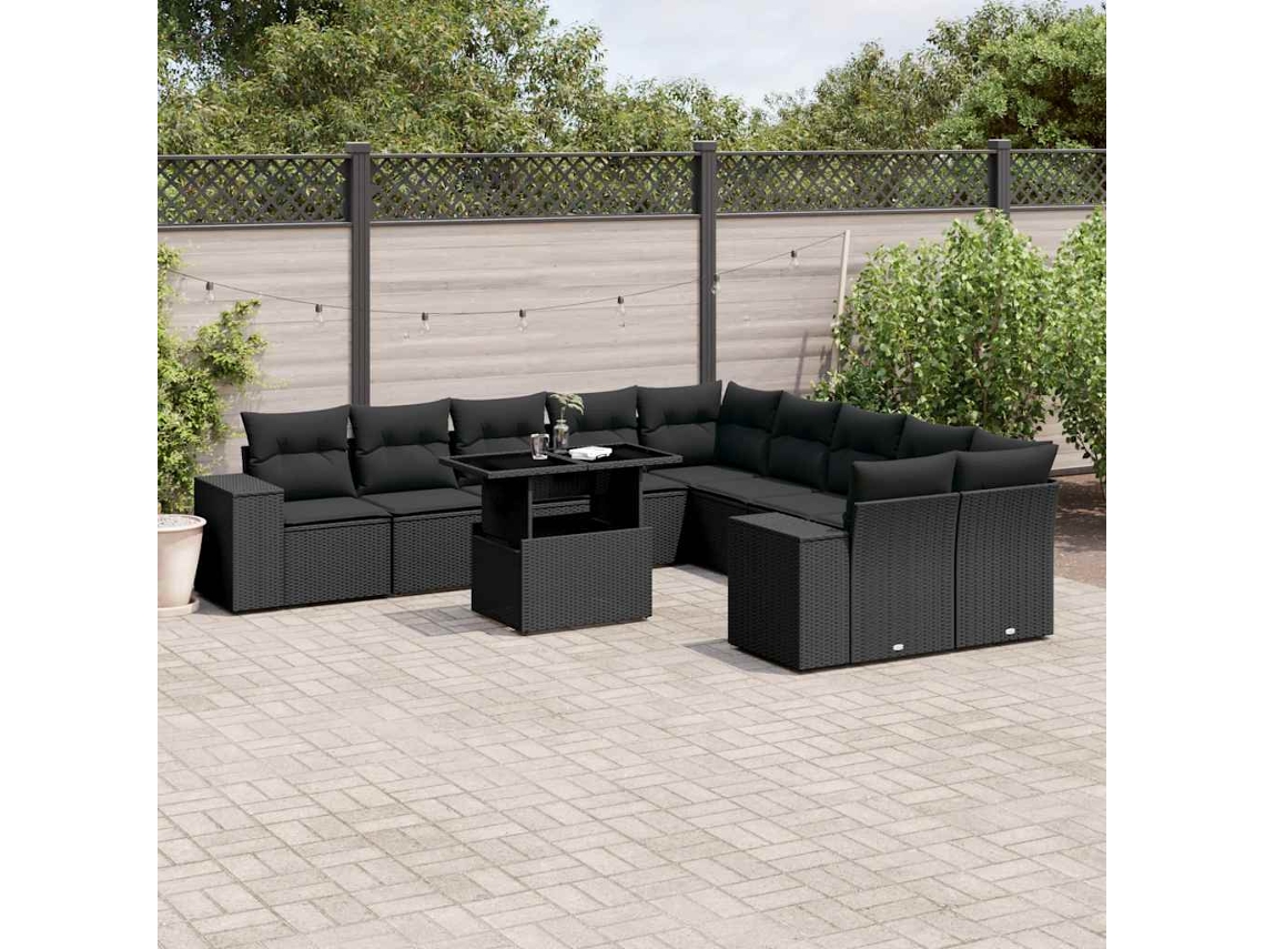 Vidaxl 11 Pcs Conjunto Sofás De Jardim C/ Almofadões Vime Pe Preto