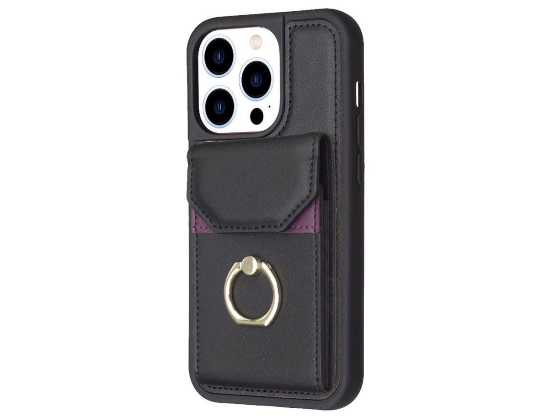 Suporte Casa Para Iphone 15 Pro Pele Sintética Com Porta-cartões Preto
