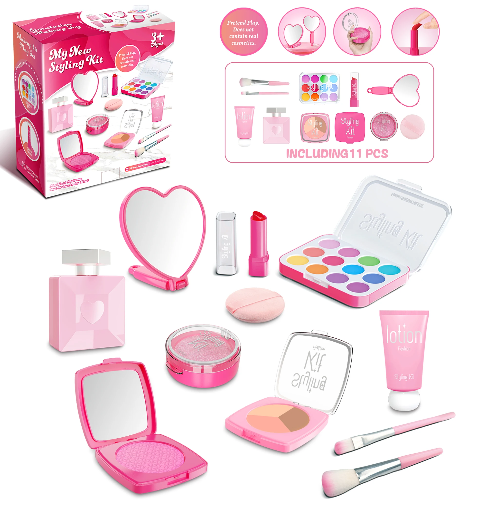 (rosa, Conjunto De 11 Peças) Brinquedos Cosméticos, Simulação, Não Pode Ser Manchar, Batom, Pó Compacto, Blush, Presente Para Meninas