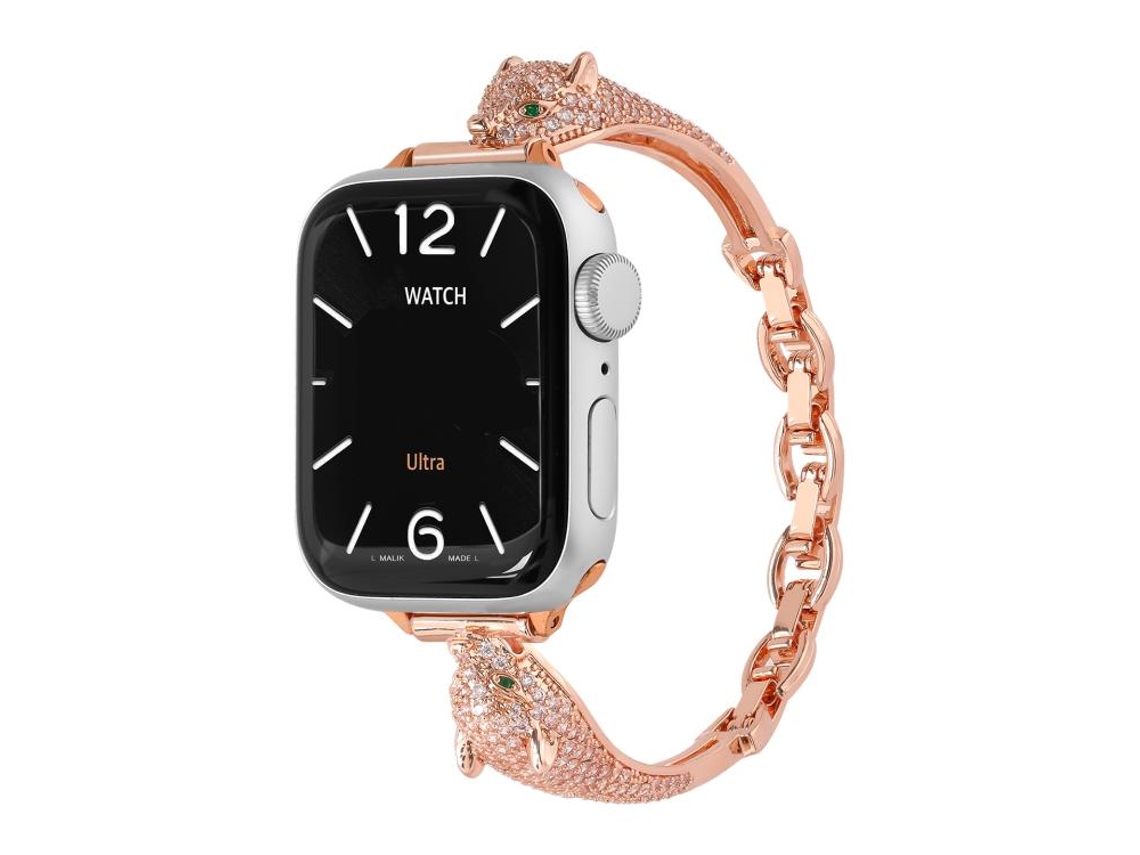 Bracelete para Apple Watch 38/40/41/42mm cobre com cabeça de leopardo e zircônia ouro rosa XIAOMOYU