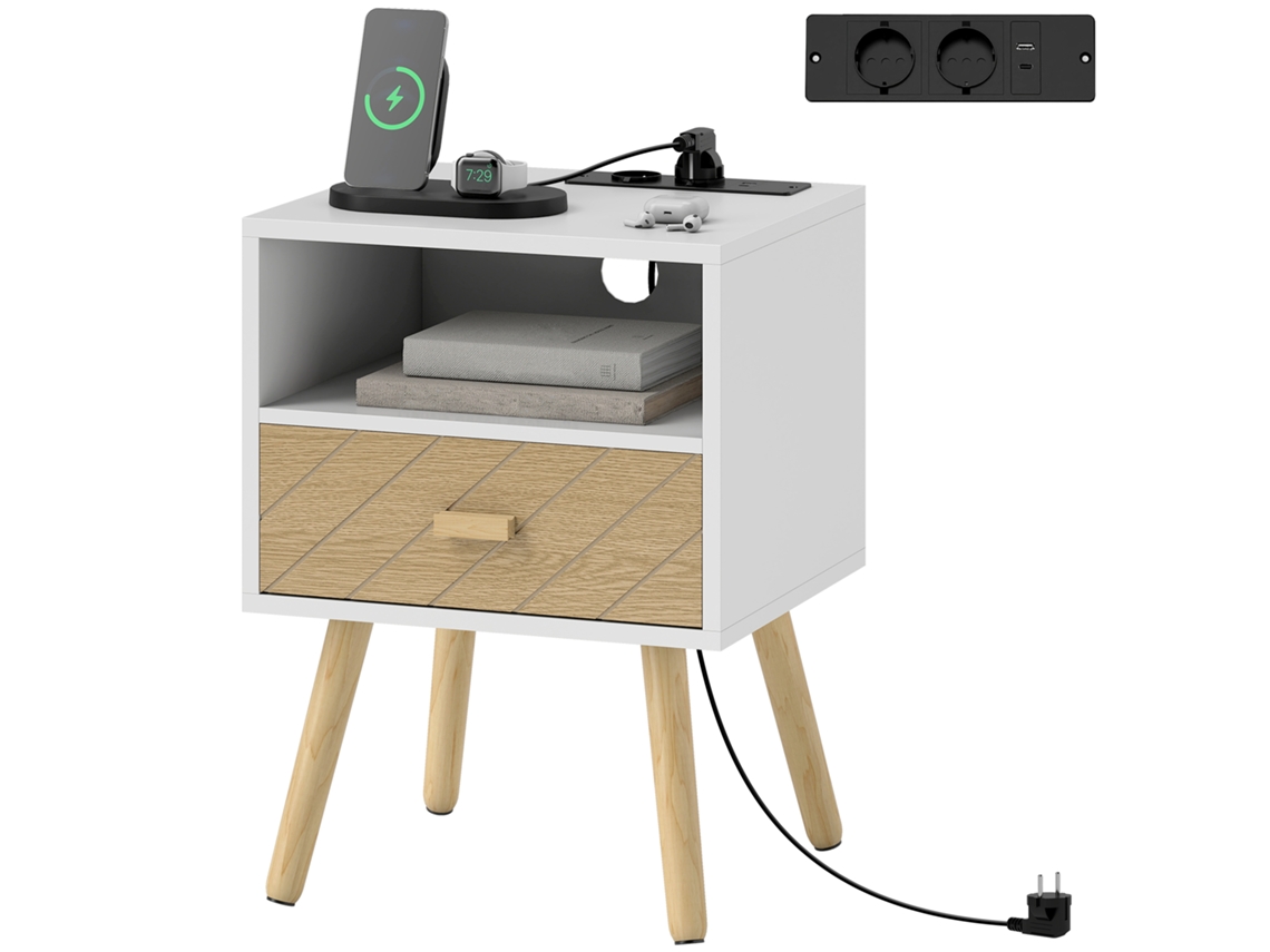 Mesa De Cabeceira Com Estação De Carregamento Gaveta 2 Tomadas Ac Porta Usb E Tipo-c 40x35x54,7 Cm Branco