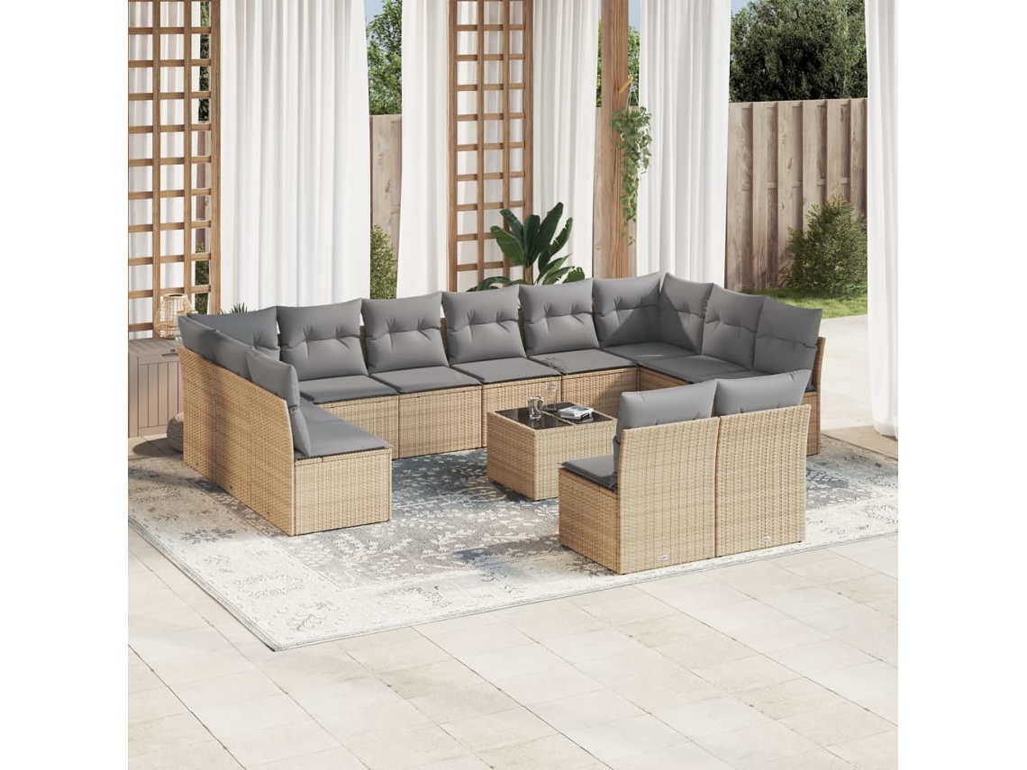 Vidaxl 13 Pcs Conjunto de Sofás P/ Jardim com Almofadões Vime Pe Bege