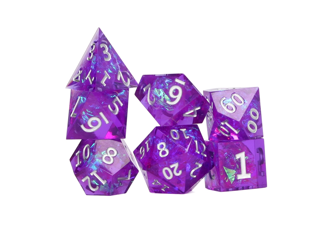 Mali set de Dados Poliédricos de Resina Epóxi Roxo 7pcs para Jogos de Tabuleiro Rpg com Números Prateados