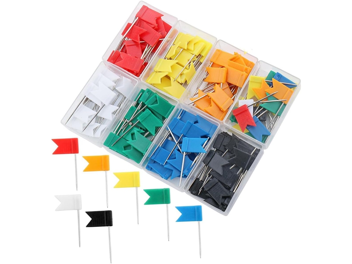 160 Tachinhas com Cabeça em Formato de Bandeira para Mapas e Quadros Cortiça, Pontos de Metal e Plástico, Ideais