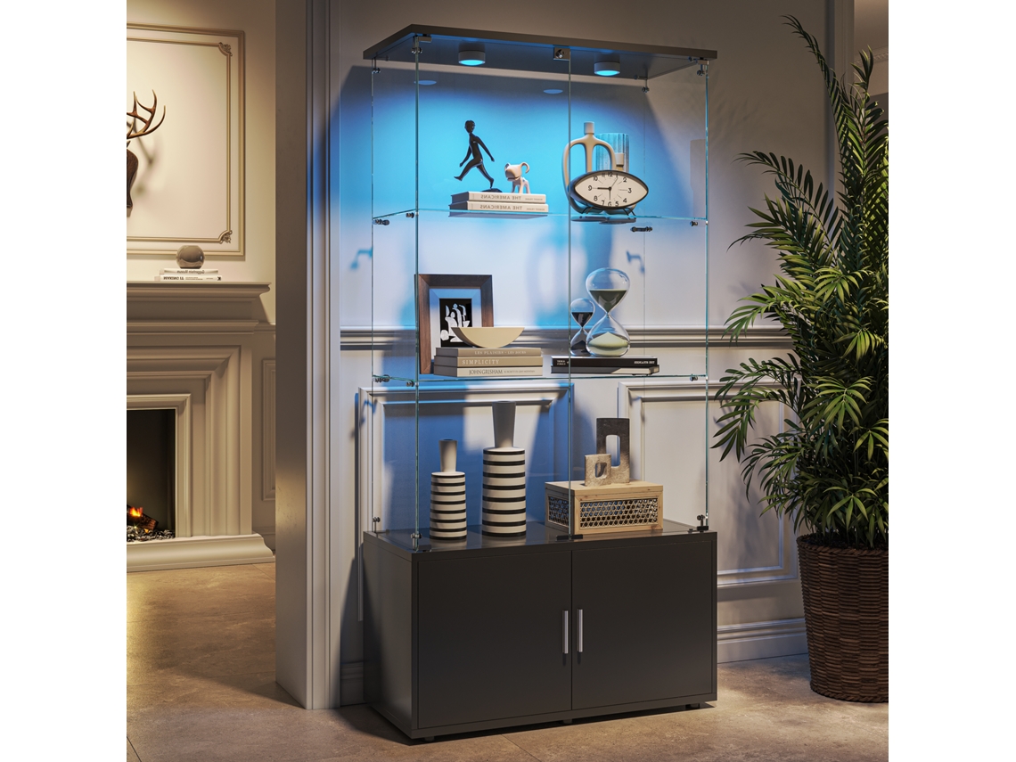 Vitrine em Vidro com Iluminação Led Embutida, Fechadura e Vidro Temperado, 3 Níveis, Ideal para Sala de Estar e Quarto, 78x35x164cm, Preta ROSAHQNDA