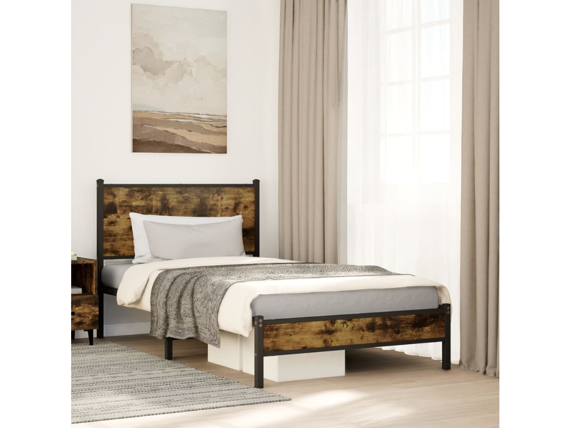 Estrutura De Cama Sem Colchão 100x200 Cm Metal Carvalho Fumado