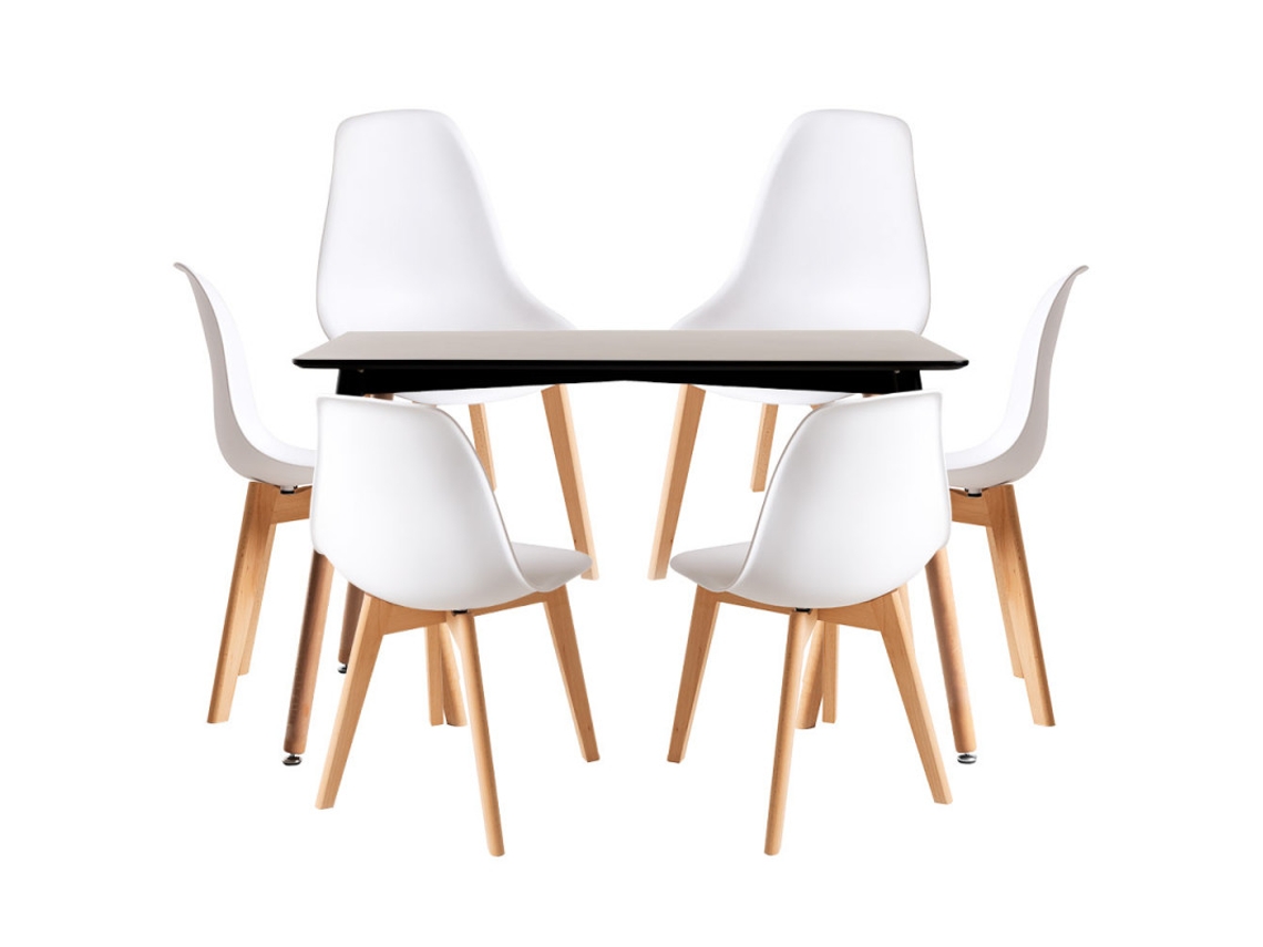Conjunto Mesa Retangular 120x 80cm Preta E 6 Cadeiras Nórdicas Kelen - Branco