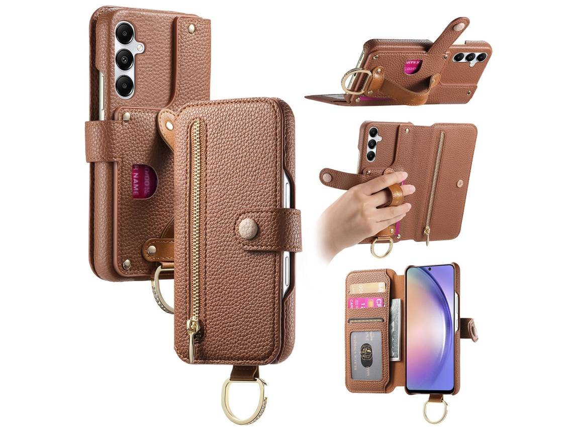 Capa Para Samsung Galaxy A57 Carteira Slot Notas Rfid Zíper Castanho Czhhmart