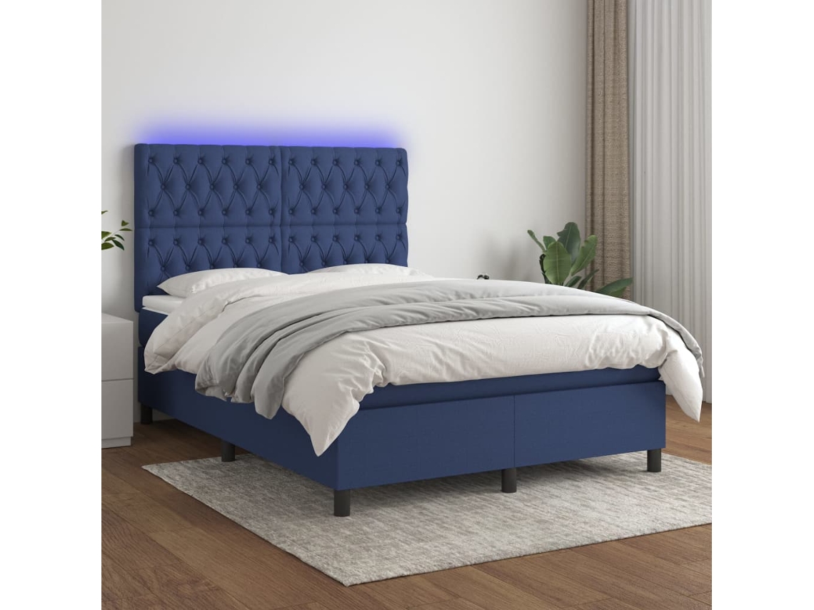 Vidaxl Cama Box Spring C/ Colchão E Led 140x200 Cm Tecido Azul