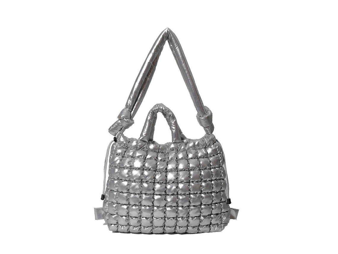 Bolsa De Ombro Acolchoada Para Mulheres E Homens, Moderna E Leve, Com Grande Capacidade E Cordão De Ajuste, Na Cor Prata.