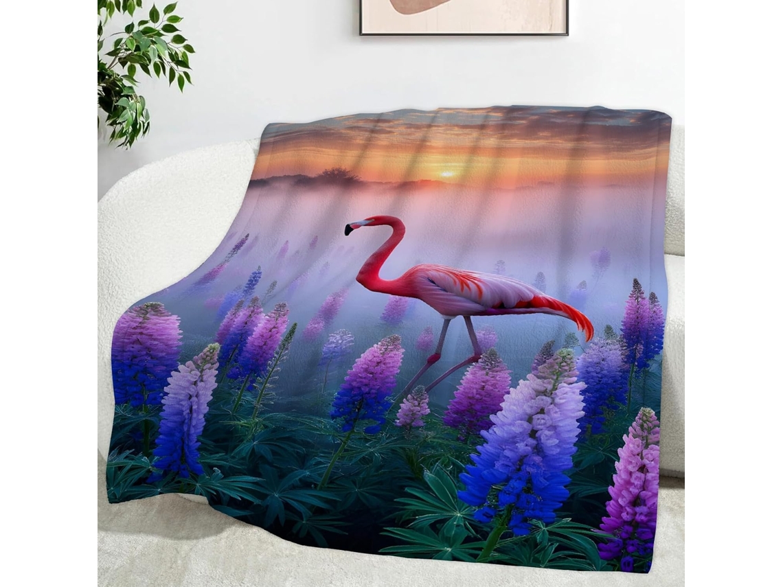 Manta com Estampa de Flores Roxas e Flamingos Rosa 130x150 Cm Multifuncional Macia Aconchegante em Flanela Ide