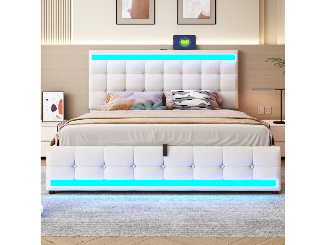 Cama Com Baú Acolchoada 180x200cm - Com Porta Usb - Com Faixa De Luz Led - Linho - Bege (sem Colchão)