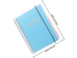 Caderno de receitas para cozinha, em papel e plástico, com design moderno e multifuncional.