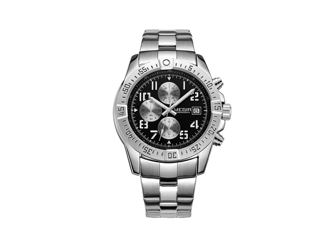 Relógio masculino Megir Fashion, em aço inoxidável, resistente à água, com pulseira ajustável.