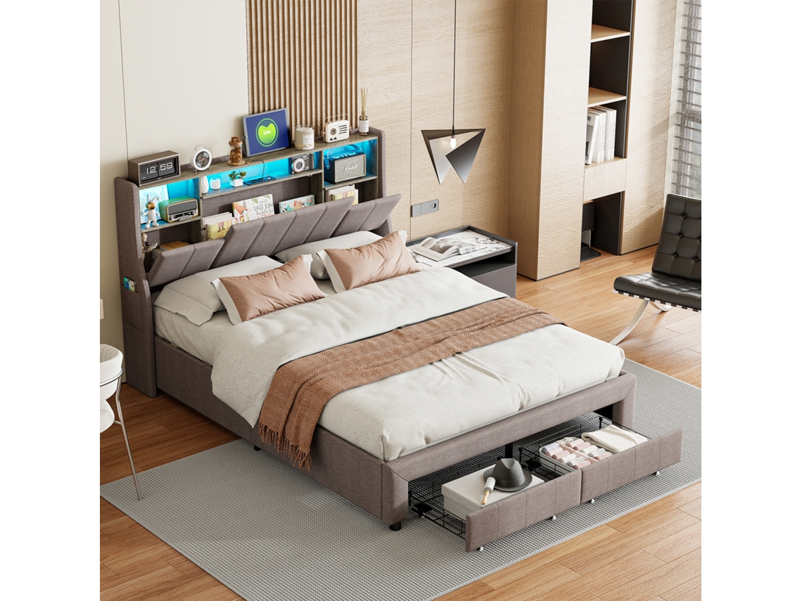 Cama160x200cm, Cama De Casal, Led, Usb, Gaveta
