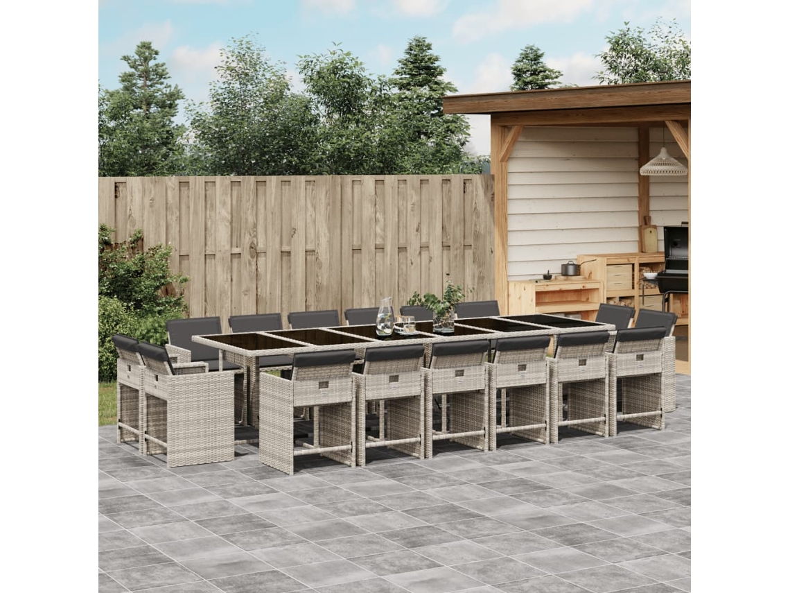 Vidaxl 17 Pcs Conj. Jantar Jardim C/ Almofadões Vime Pe Cinzento-claro
