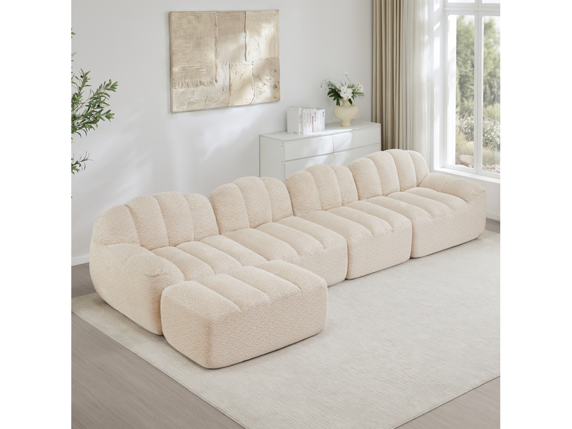 Sofá Modular De 4 Lugares Com Pufe, Formato Concha, Espuma 32d De Alta Densidade, Assento Profundo, Tecido Macio, Ideal Para Sala, Bege E Branco