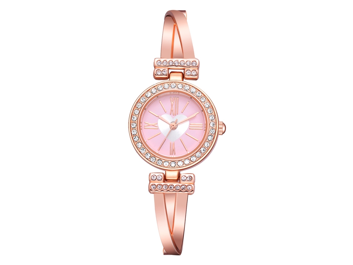 Relógio de Pulso Feminino de Quartzo com Bracelete de Liga Rosa Dourado+rosa Moda