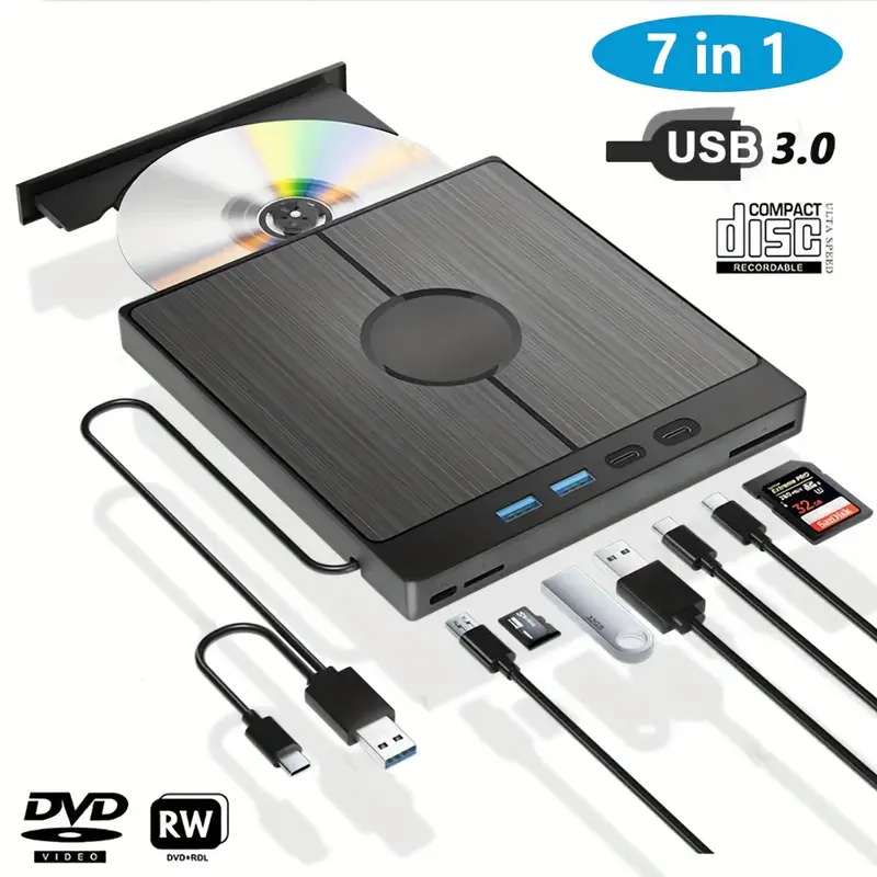 Leitor/gravador De Dvd Externo 7 Em 1 Com Usb 3.0, Portas Usb E Leitores Sd/tf, Ultra Slim Para Notebook