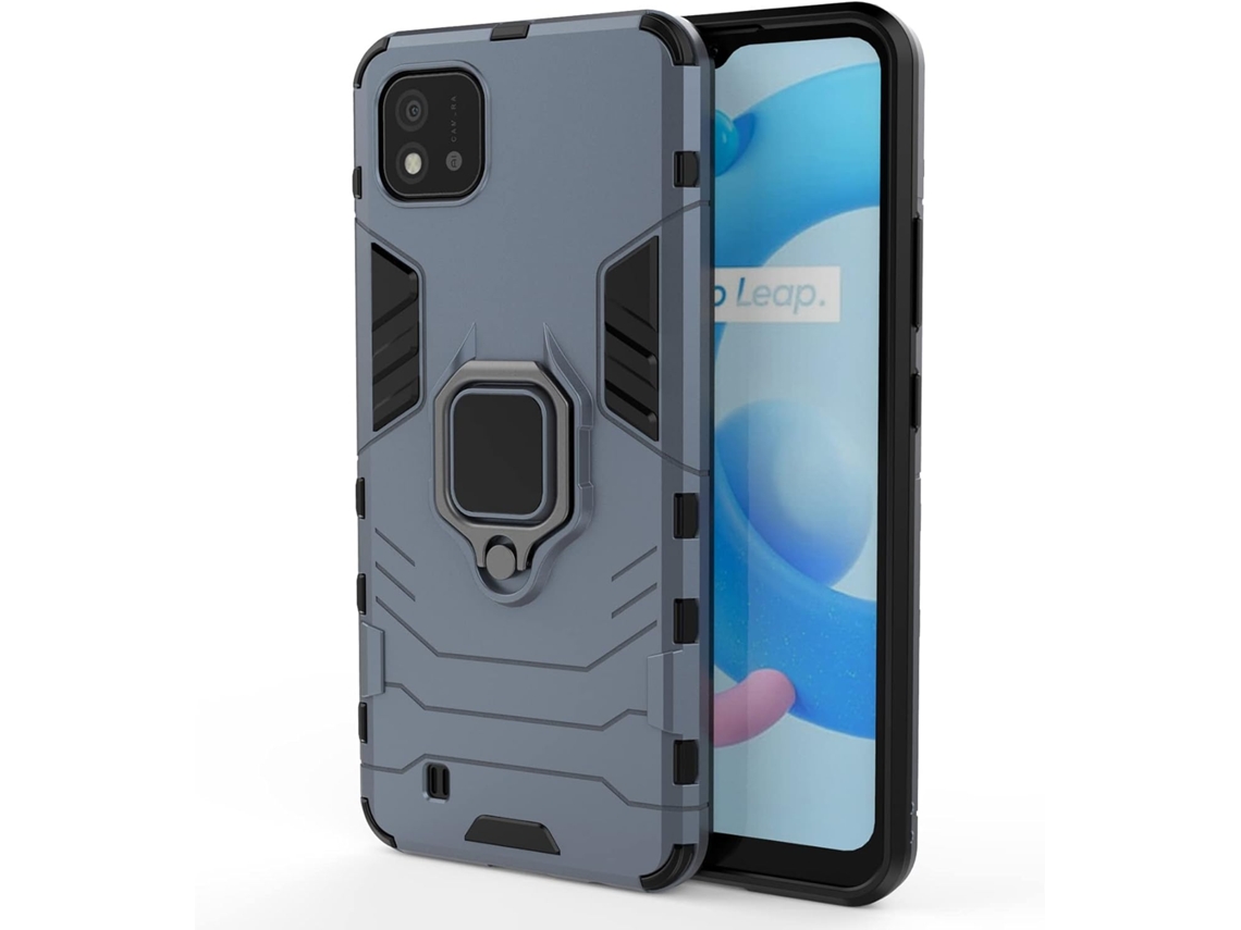Suporte Giratório Proteção Militar Antiqueda para Realme Realme C21/C11 2021 HONGWE. Pele Sintética Textura Macia Magnética Azul