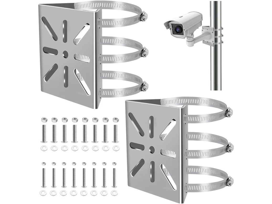 Kit de suporte universal para câmera externa com montagem em poste vertical e braçadeiras ajustáveis.