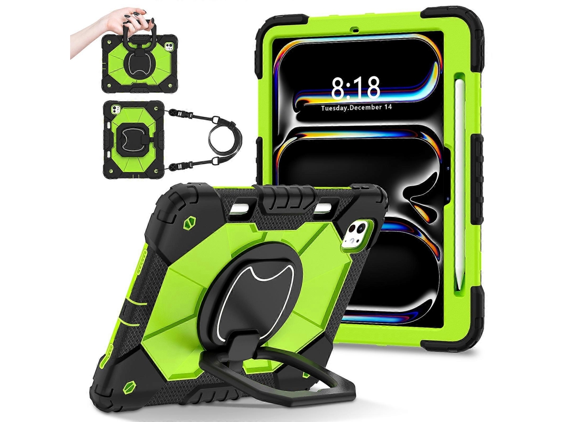Capa Hengrongshen para iPad Pro 11, capa de silicone com suporte e alça de ombro, amarela e verde (2024)