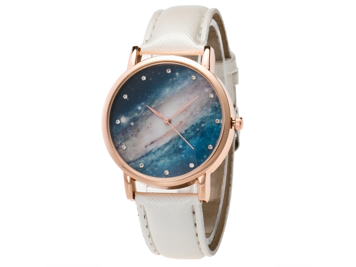 Relógio de pulso Zhoulianfa para casal com padrão estrelado e strass, quartzo, casual, pulseira de PU branca.