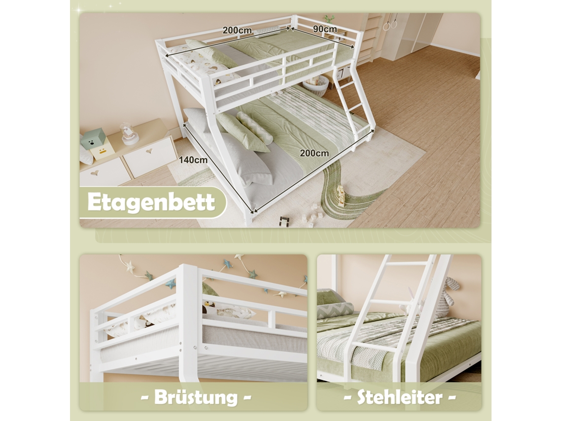 Beliche Metálico 90x200 + 140x200 Cm Com Grades De Proteção E Escada, Certificado En747, Colchão Não Incluído, Branco