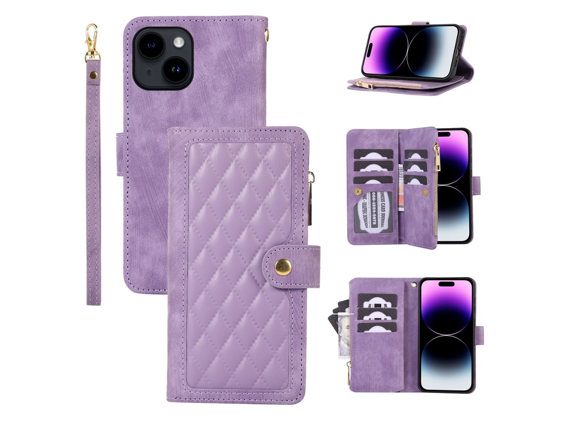 Capa Para Iphone 15 Pele Sintética Com Porta-cartões Roxo