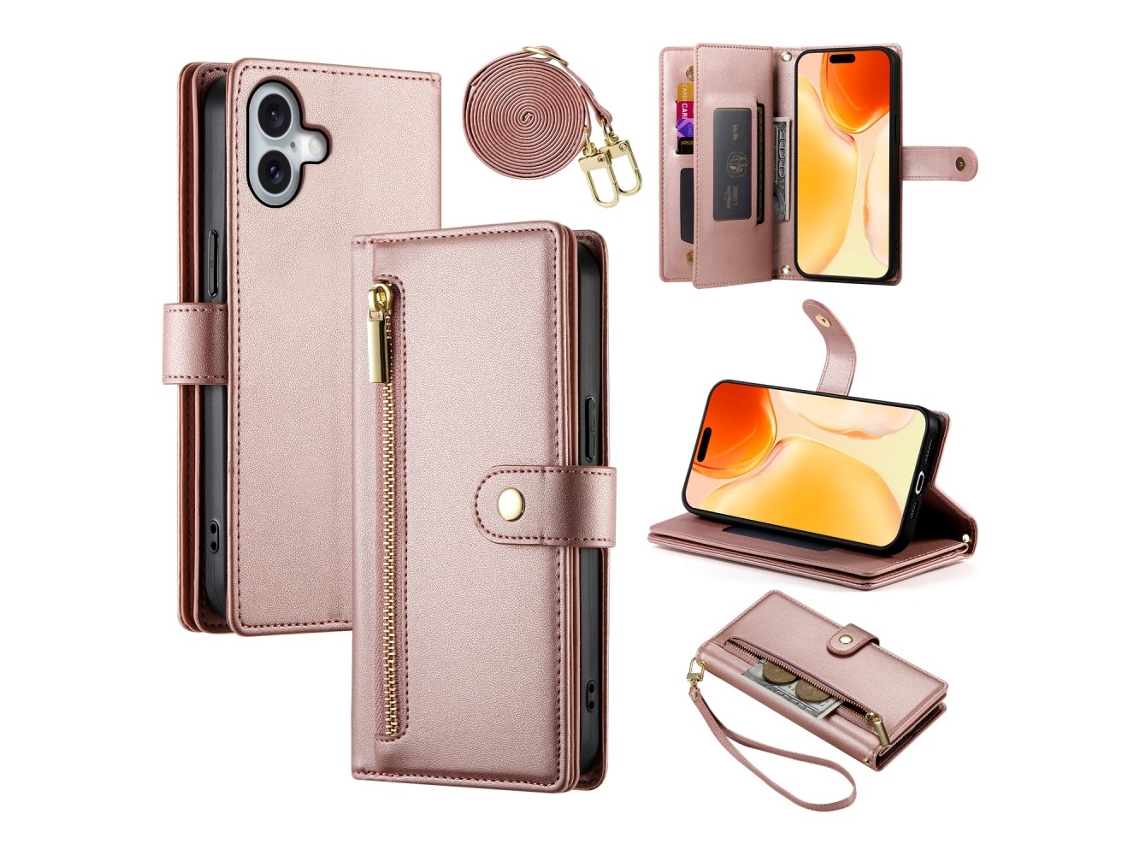Capa Em Couro Pu, Com Pega Para Apple Iphone 16 Plus Rosa