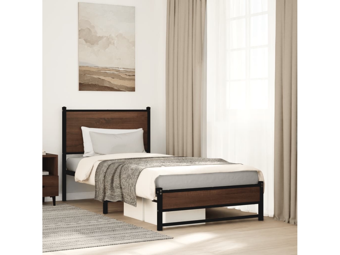 Vidaxl Estrutura De Cama Sem Colchão 90x200 Cm Metal Carvalho Castanho