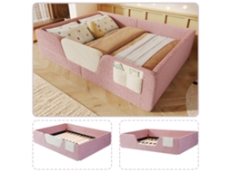 Cama Estofada 140x190 Grade Removível Bolsa Armazenamento Veludo Rosa