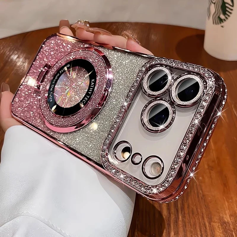 Capa Para Celular Com Suporte Magnético E Detalhes Em Strass (para Iphone 15 Plus Rosa).