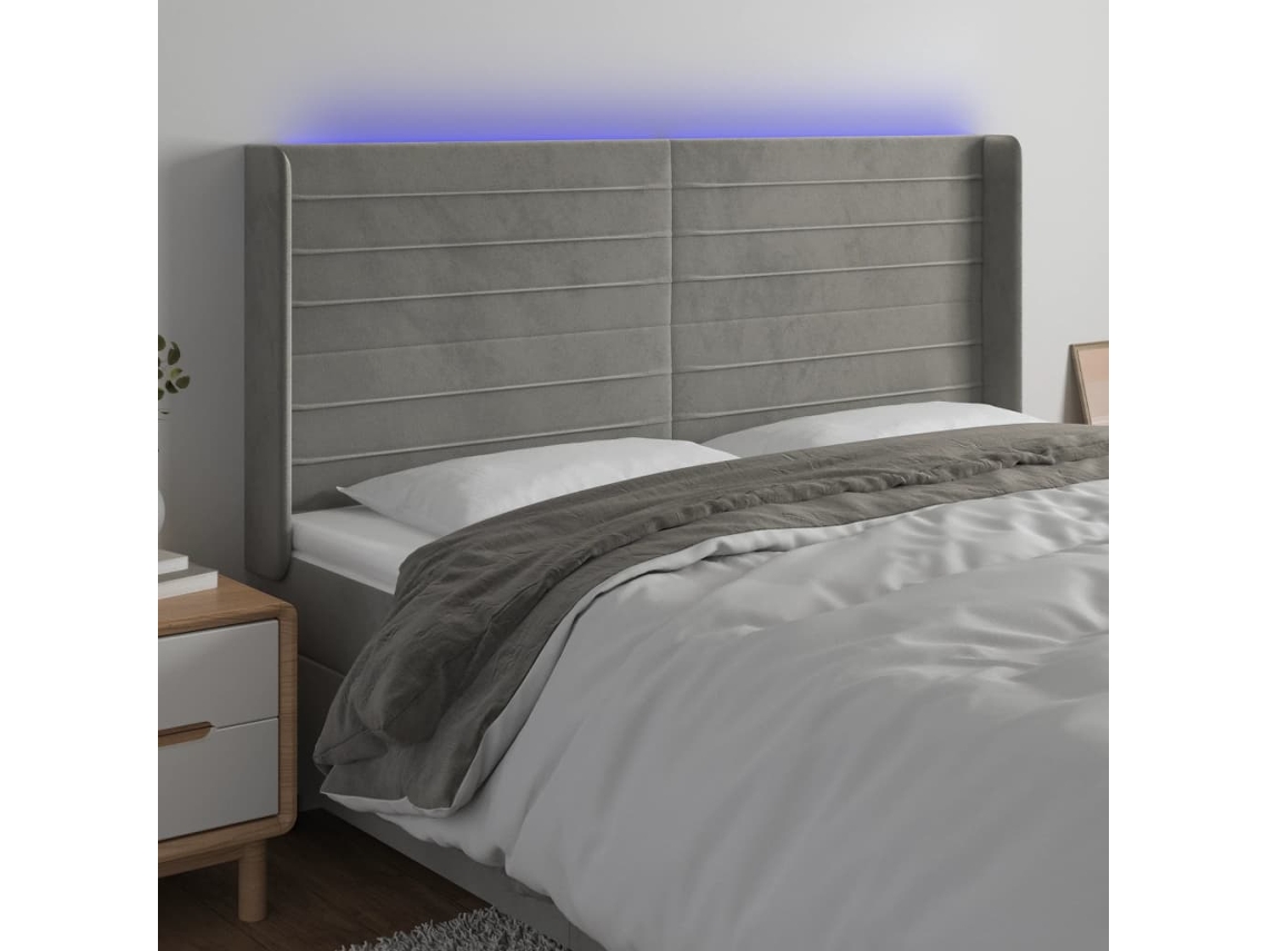 Vidaxl Cabeceira Cama C/ Luzes Led Veludo 183x16x118/128cm Cinza-claro