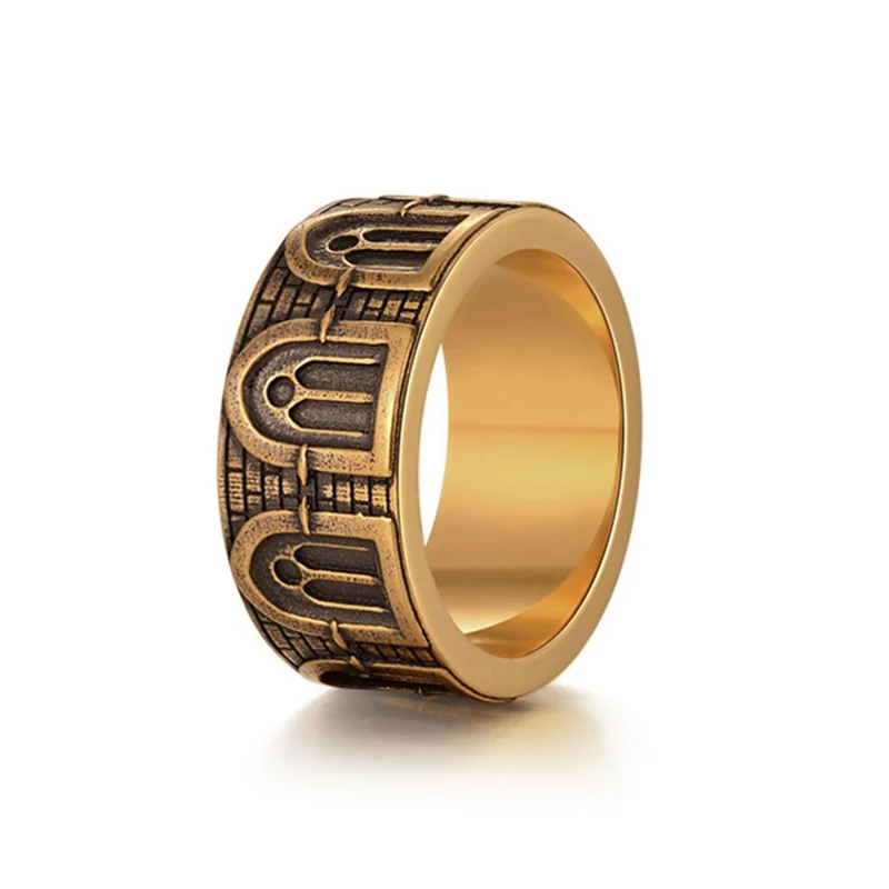Anel Vintage Preto e Dourado em Formato de Castelo, Aliança de Casamento em Estilo Arquitetônico Gótico. MDUG