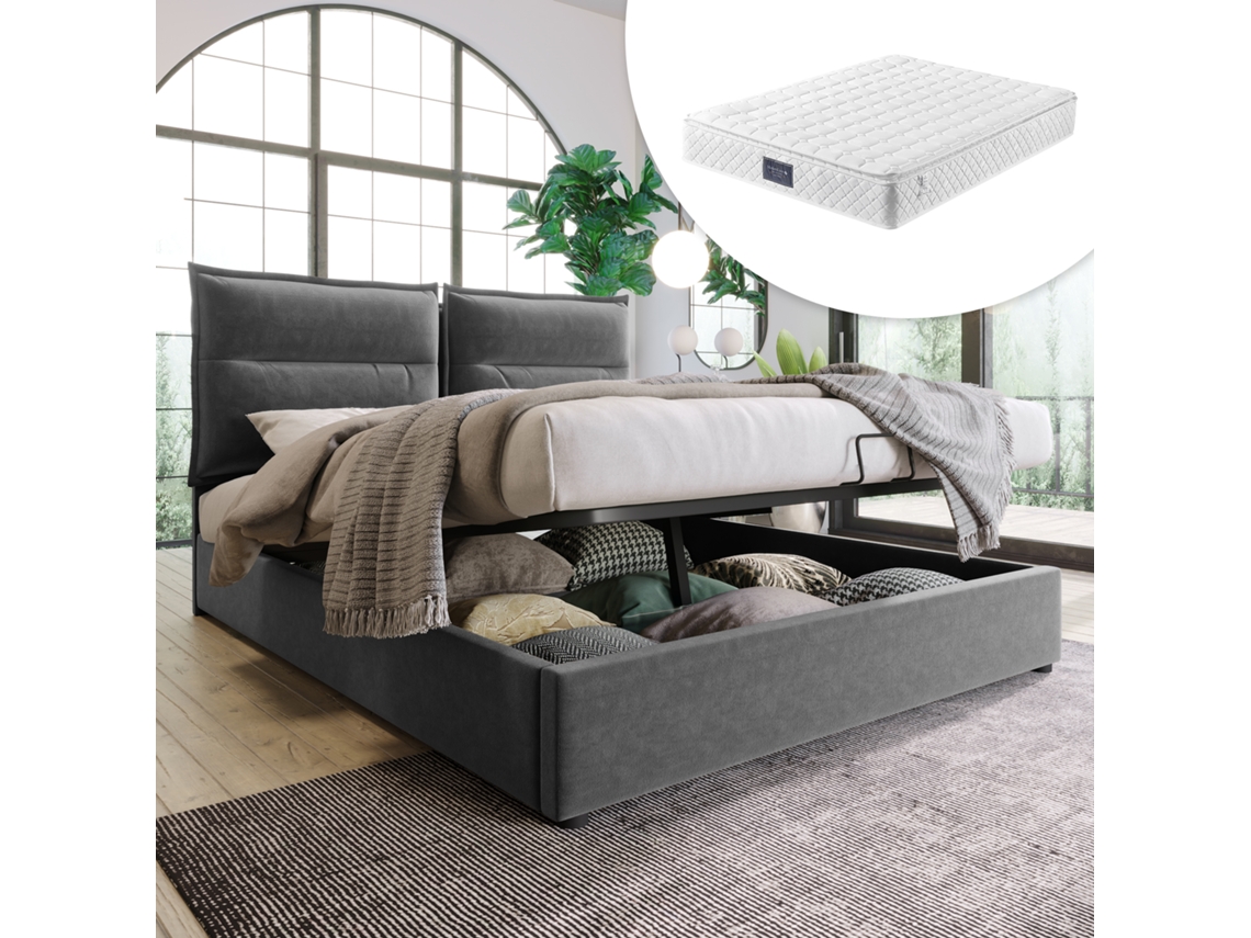 Cama De Casal Hidráulica Estofada 140x200cm, Cabeceira Ajustável, Veludo, Grande Espaço De Armazenamento, Cinza Com Colchão