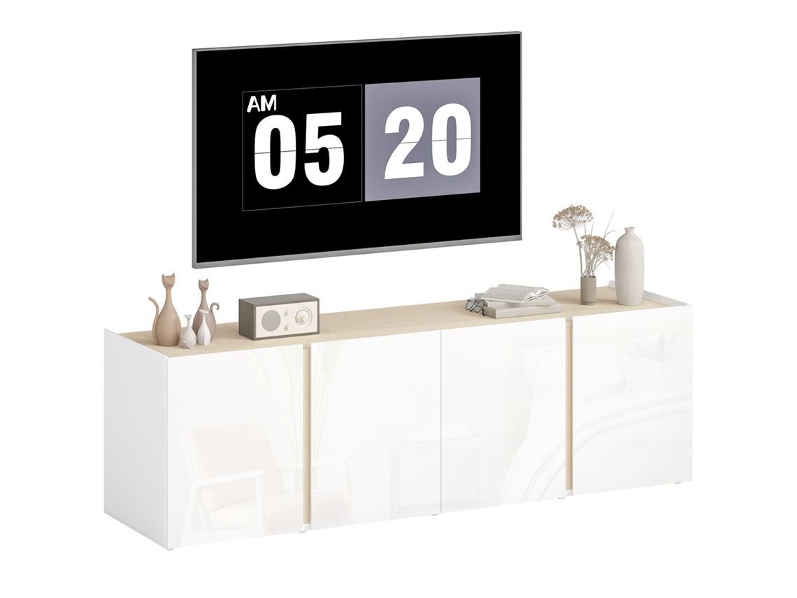 Móvel Baixo De Tv Com Quatro Portas De Fecho Suave, Prateleira Regulável E Passagem De Cabos, 135x38x45 Cm, Branco.