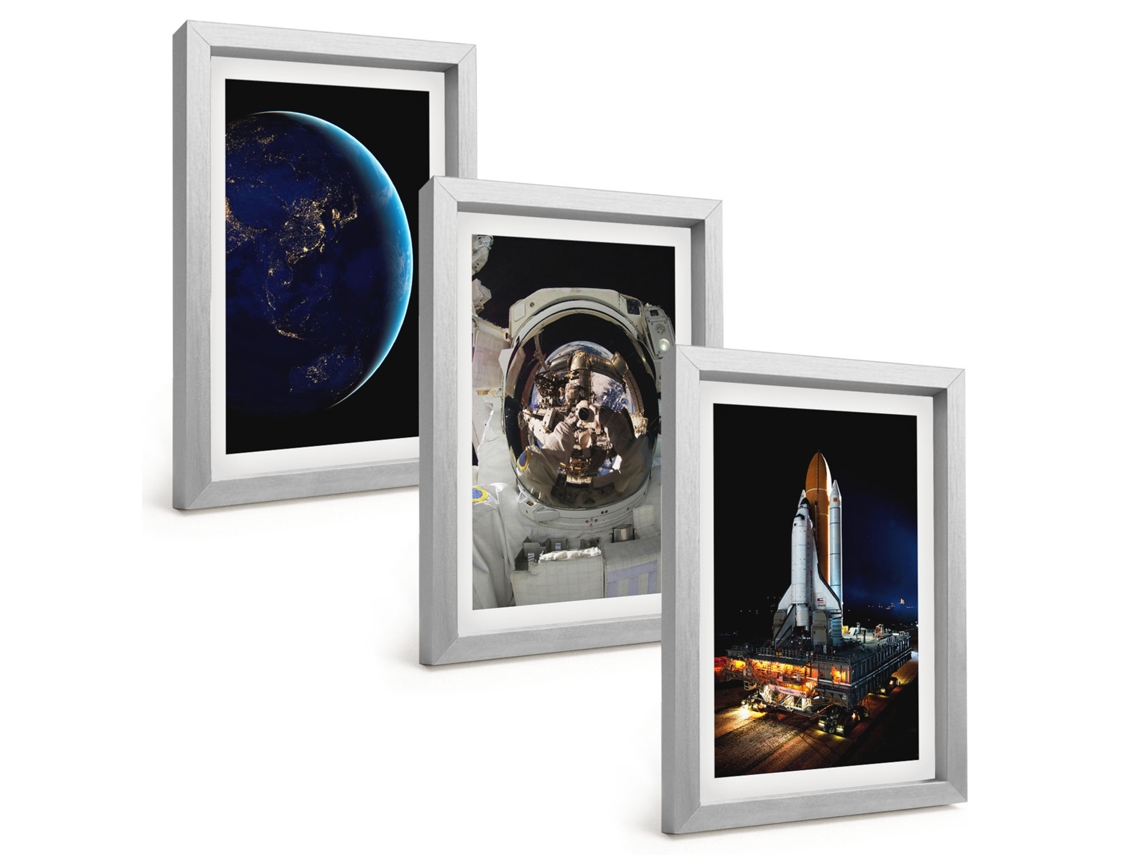 Conjunto De Pinturasespaço, Terra, Astronauta E Foguete Moldura Prateada Quadros Para A Sala De Estar Espelharte (3 Peças 20x30 Cm)