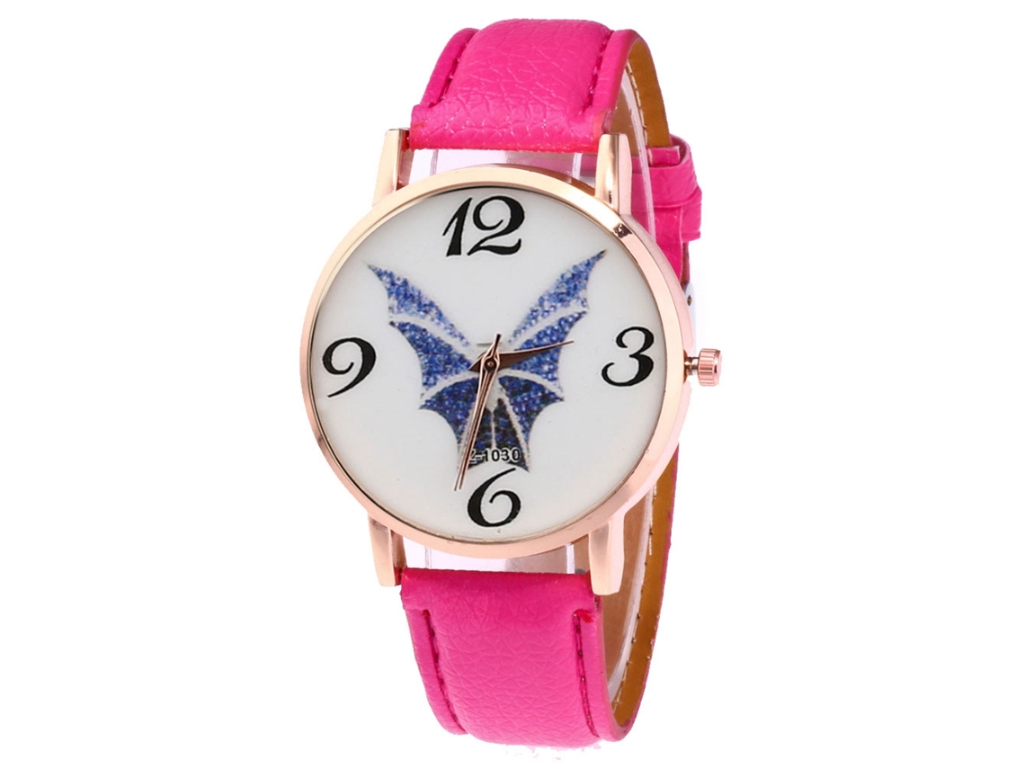 Relógio de quartzo unissex com pulseira de couro PU Zhoulianfa, mostrador vermelho e rosa com estampa de morcego.