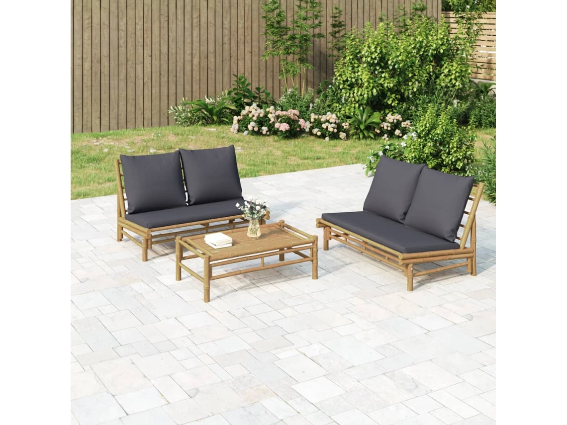 Vidaxl 2pcs Conj. Lounge De Jardim Bambu C/ Almofadões Cinzento-escuro