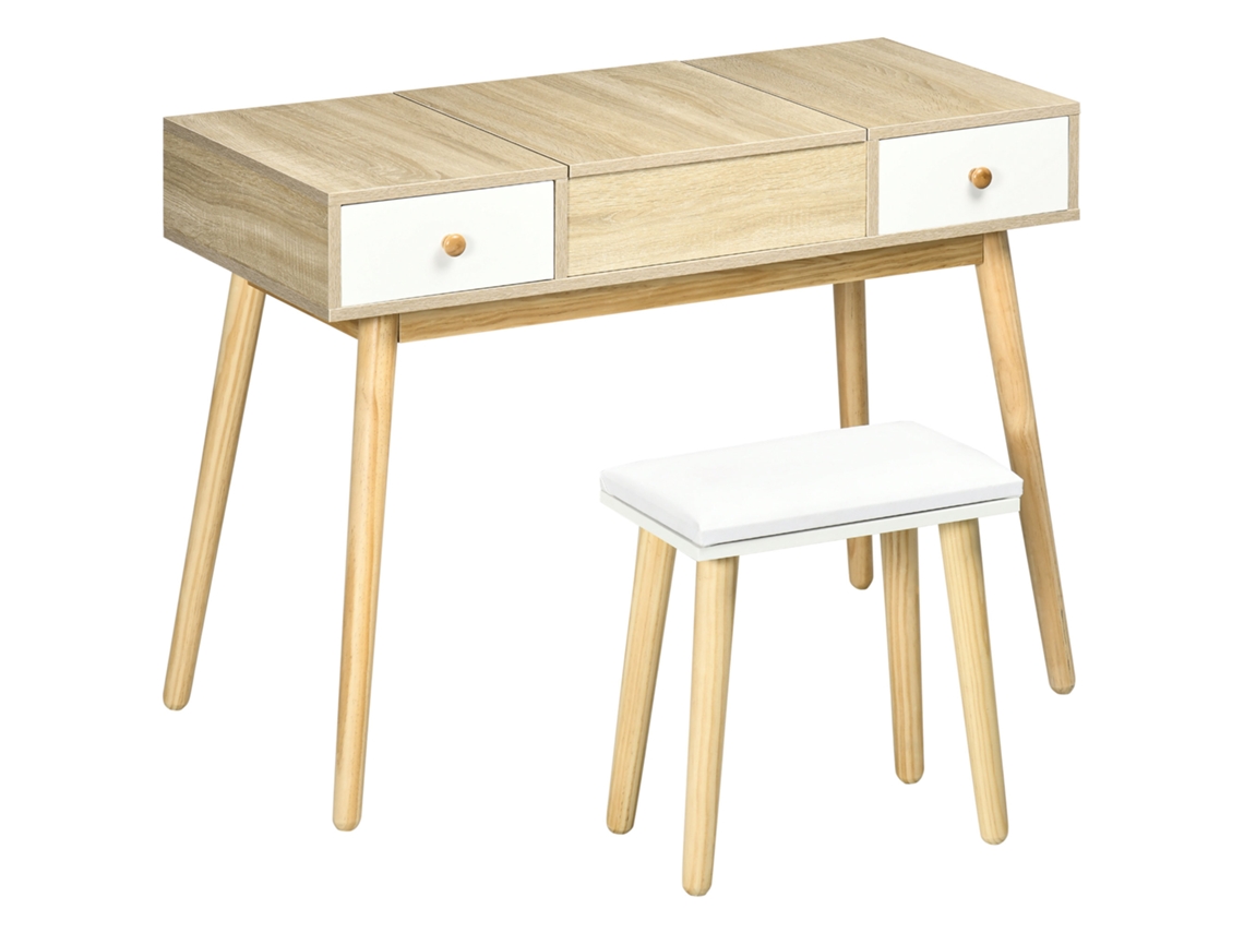 Toucador Com Espelho Dobrável Mesa De Maquilhagem Com Banco Compartimentos E Gavetas 100x45x118cm Madeira E Branco