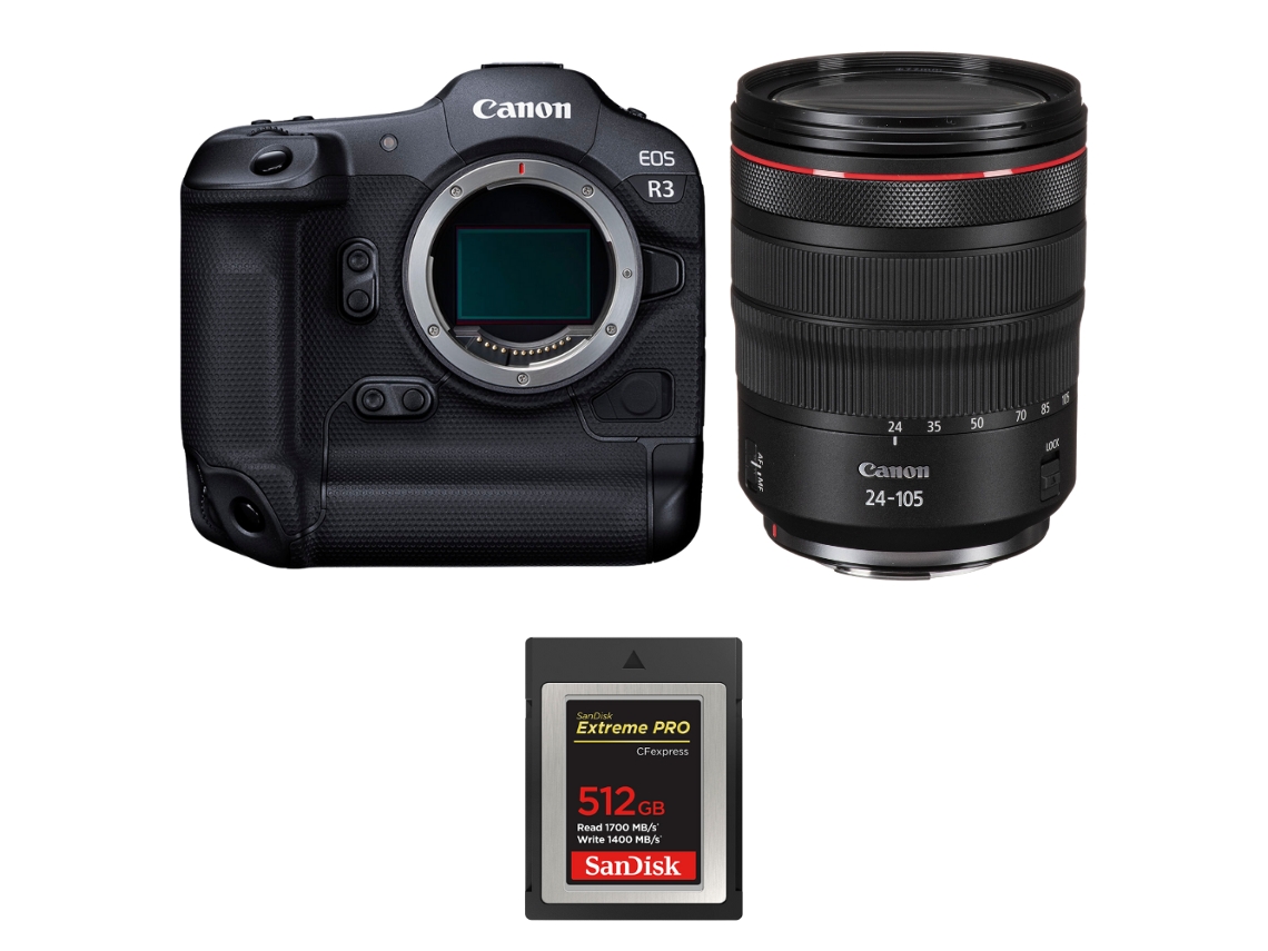 Eos R3 + Rf 24 105mm F/4 L Is Usm + 1 Sandisk 512gb Extreme Pro Cfexpress Type B + Ebook “20 Dicas para Fotos Que Impressionam” CANON