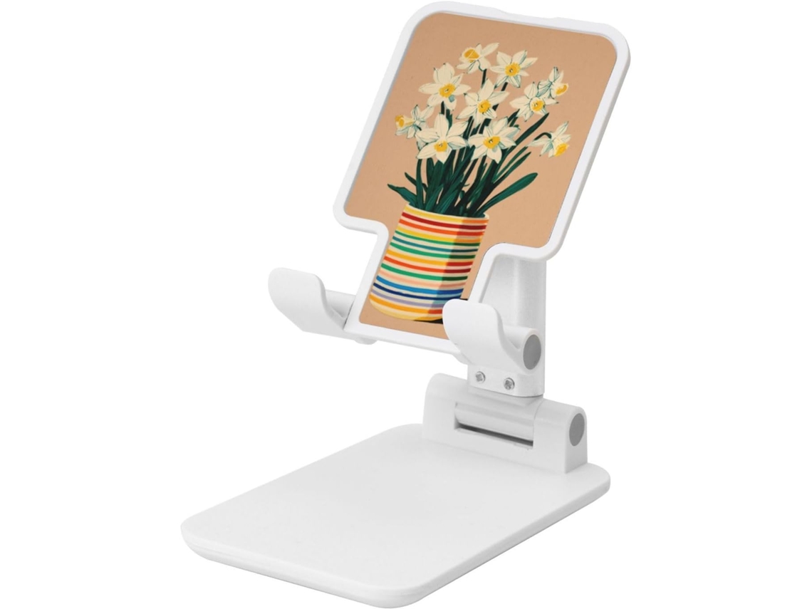 Suporte Dobrável Para Celular Com Narcisos Brancos Em Um Vaso Listrado Altura E Ângulo Ajustáveis Compatível Todos Os