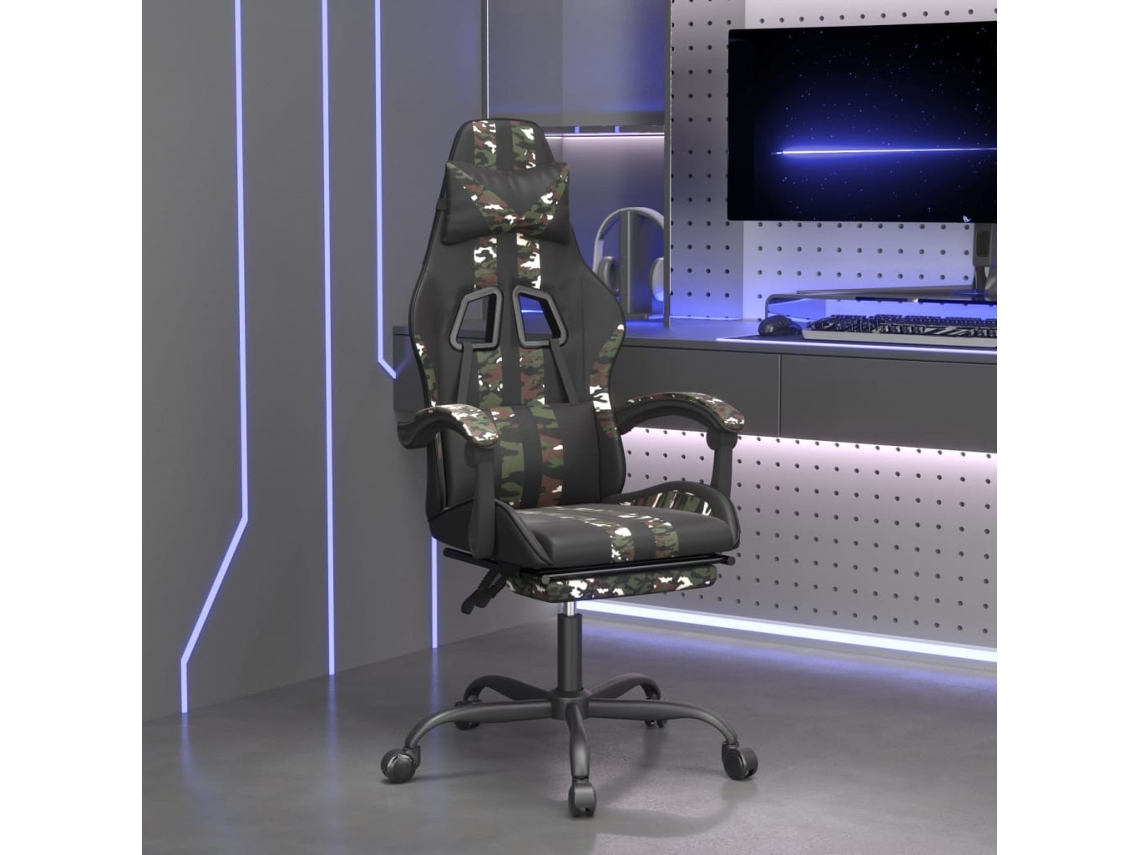 Vidaxl Cadeira Gaming Giratória + Apoio Pés Couro Art. Preto/camuflado