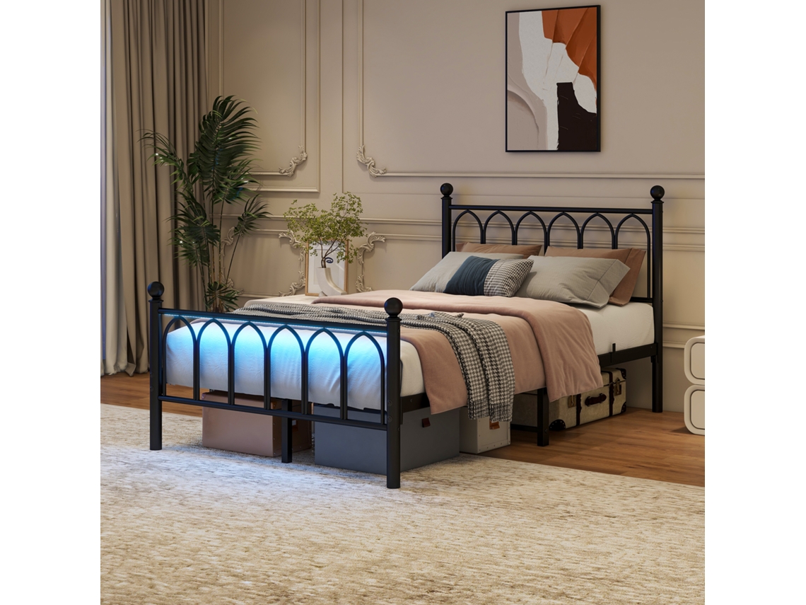 Cama Metal 120x200 Estilo Vintage Led Usb Ripas Aço Preta Industrial
