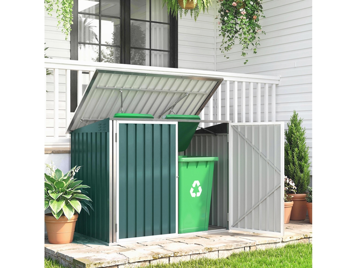 Cobertura De Lixeira Externa Em Aço Galvanizado Verde, Para 2 Latas, Com Portão Duplo E Sistema Pneumático, Medindo 180x108x130cm