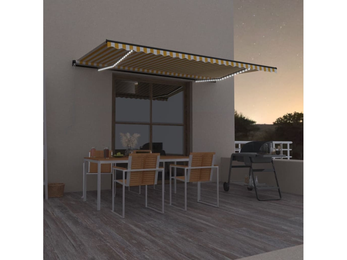 Vidaxl Toldo Retrátil Manual Com Led 500x300 Cm Amarelo E Branco