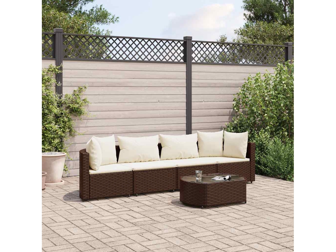 5 Pcs Conjunto Sofás P/ Jardim C/ Almofadões Vime Pe Marrom Dkd Home Decor